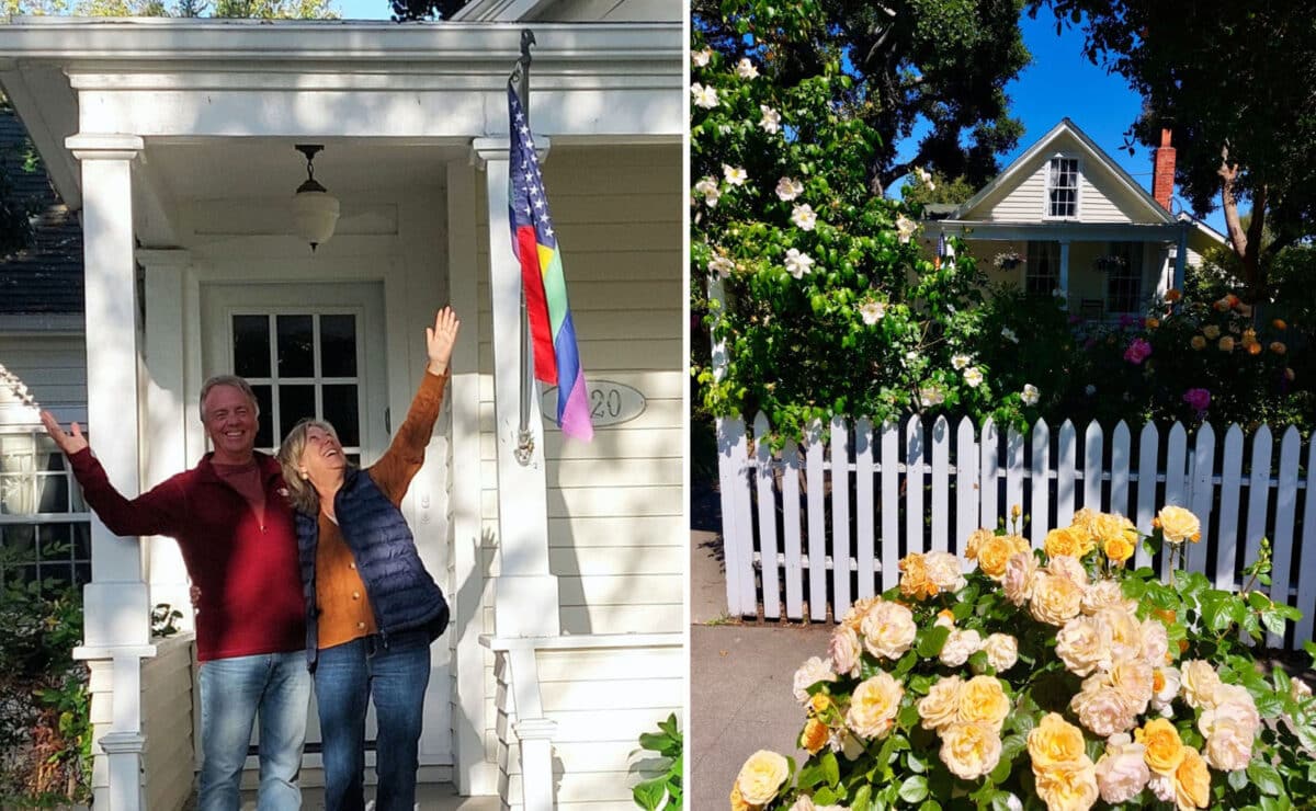Alameda Post - a couple stands smiling in front of 1620 and gestures with their arms. In a second photo, beautiful rosebushes are present inside and outside of a white picket fence in front of the home.