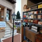 Alameda Post - two photos, one of the exterior of the California Historical Radio Society, with signage for Radio Day by the Bay, and another of a display of vintage radios