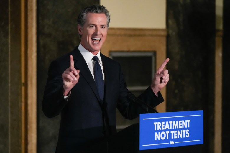 Gov. Gavin Newsom speaks about mental health crisis before signing off on two major pieces of legislation to transform the state's mental health system and to address the state's worsening homelessness crisis in Los Angeles, on Oct. 12, 2023. Roughly 100 petitions to fast-track people with untreated schizophrenia and other psychotic disorders into housing and medical care under an alternative mental health court program created by Newsom have been submitted in seven California counties as of Dec. 1, 2023. Photo by Damian Dovarganes, AP Photo