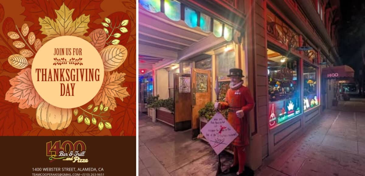 Alameda Post - A photo of 1400 Bar and Grill, and an image advertising their Thanksgiving dinner. 