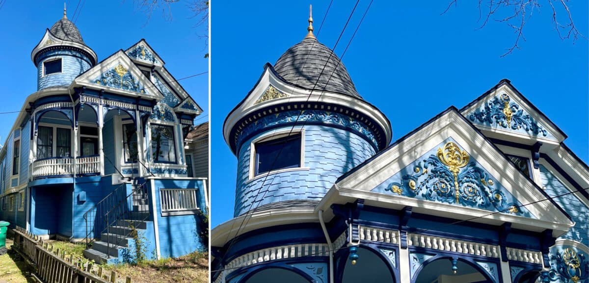 Alameda Post - a beautiful blue Queen Anne style home with a turret and lots of decorative features.