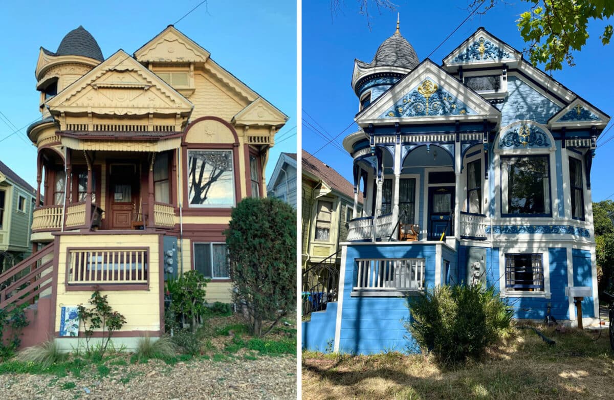 Alameda Post - photos of an old Victorian style home before and after renovation. The 'after' is a beautiful white, blue, and gold masterpiece