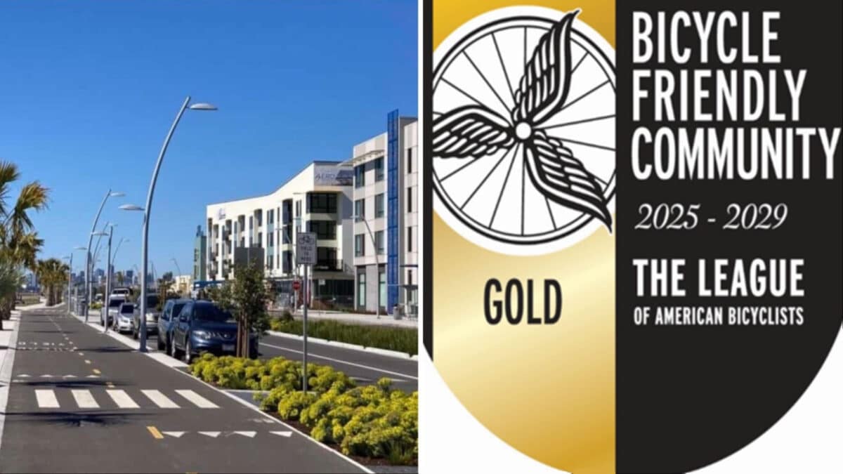 Alameda Post - A separated bike lane in Alameda, and a graphic that says "Bicycle Friendly Community 2025-2029 Gold"