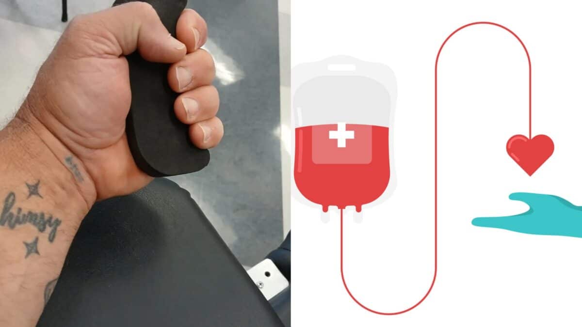 Alameda Post - a photo of a hand squeezing a squishy grip given to people before they give blood, and a stock photo of a blood bag forming a heart