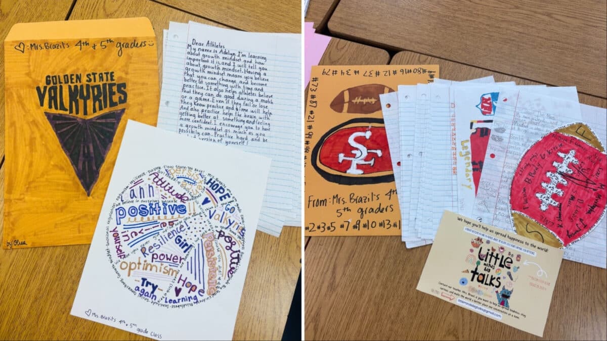 Alameda Post - hand drawn letters and pictures by a 4th and 5th grade class that are for various sports teams. The letters and pictures encourage the athletes about growth mindset.