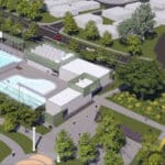 Alameda Post - a render of the aquatic center design with a parking lot visible
