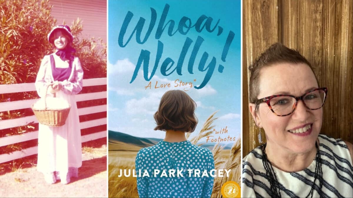 Alameda Post - the Book cover for Whoa Nelly!, a selfie of an adult woman, and a photo of an 8th grade girl dressed in pioneer garb. 