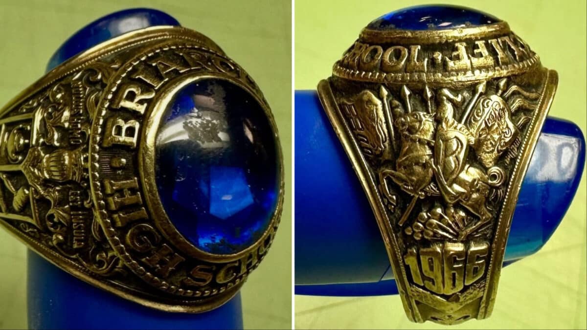 Alameda Post - A gold class ring with a blue stone. 