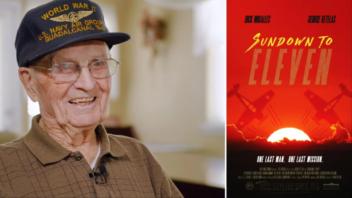 Alameda Post - The star of Sundown to Eleven sits in his World War II US Navy Air Group 11 hat and smiles. Next to him is a poster for the film.