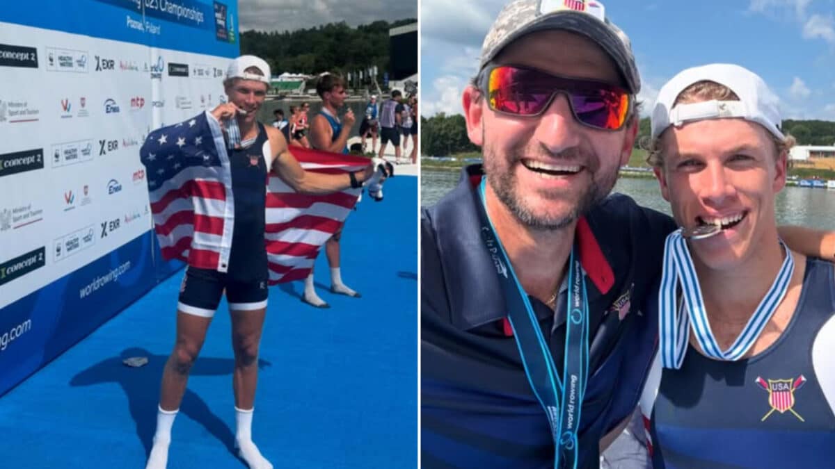Alameda Post - Cosmo Hondrogen is draped in an American flag and biting on a silver medal
