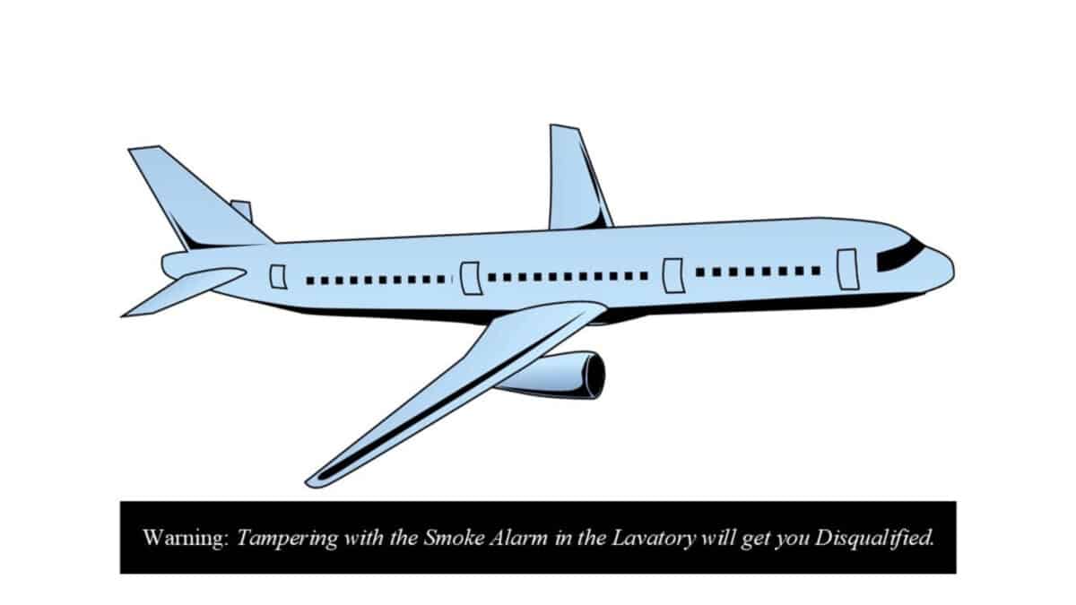 Alameda Post - A drawing of a commercial plane and the text "Warning: Tampering with the smoke alarm in the lavatory will get you disqualified."
