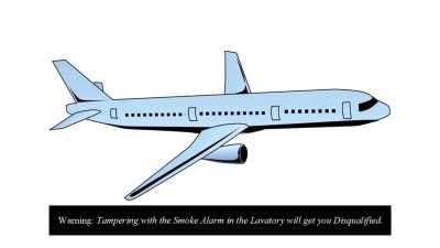 Alameda Post - A drawing of a commercial plane and the text "Warning: Tampering with the smoke alarm in the lavatory will get you disqualified."