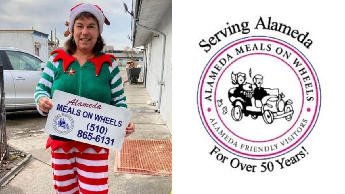 Alameda Post - A volunteer in an elf costume smiles and holds a sign that says "Alameda Meals on Wheels" with the phone number. Next to that photo is the logo for Meals on Wheels. 