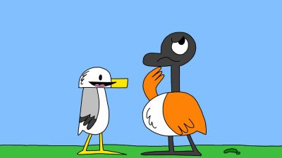 Alameda Post - Seagull and Goose from Two Birds from Alameda stand and face each other while talking.