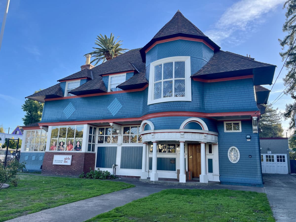 Alameda Post - 1724 Santa Clara Avenue, the Greenleaf House, in bright blue and red trim.