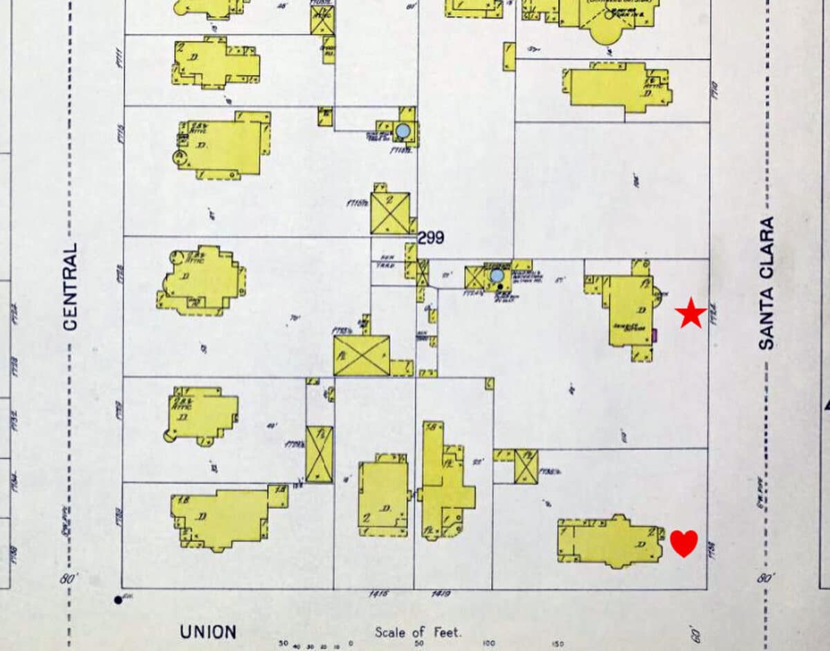 Alameda Post - An old fire map of the property lines and buildings around the Greenleaf House.