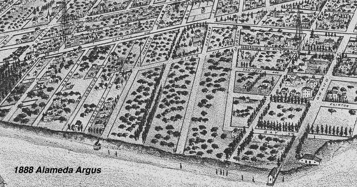 Alameda Post - an aerial map of Alameda from 1888 including what would become the Gold Coast