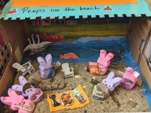 Alameda Post - A diorama of Peeps enjoying a day on the beach.