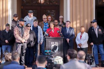 Alameda Post - officials gathered on the steps of Alameda's Veterans Memorial building for a press conference on December 15, 2025. Photo by Maurice Ramirez.