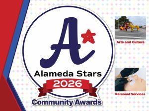 Alameda Post - A graphic for the Alameda Stars 2026 Community Awards for Arts and Culture and Personal Services.
