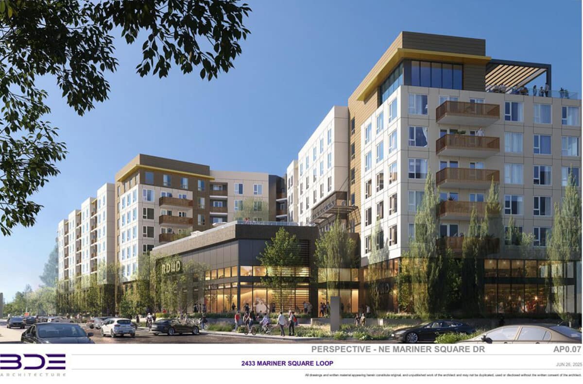 Alameda Post - a render of a large apartment building proposed for Mariner Square Loop