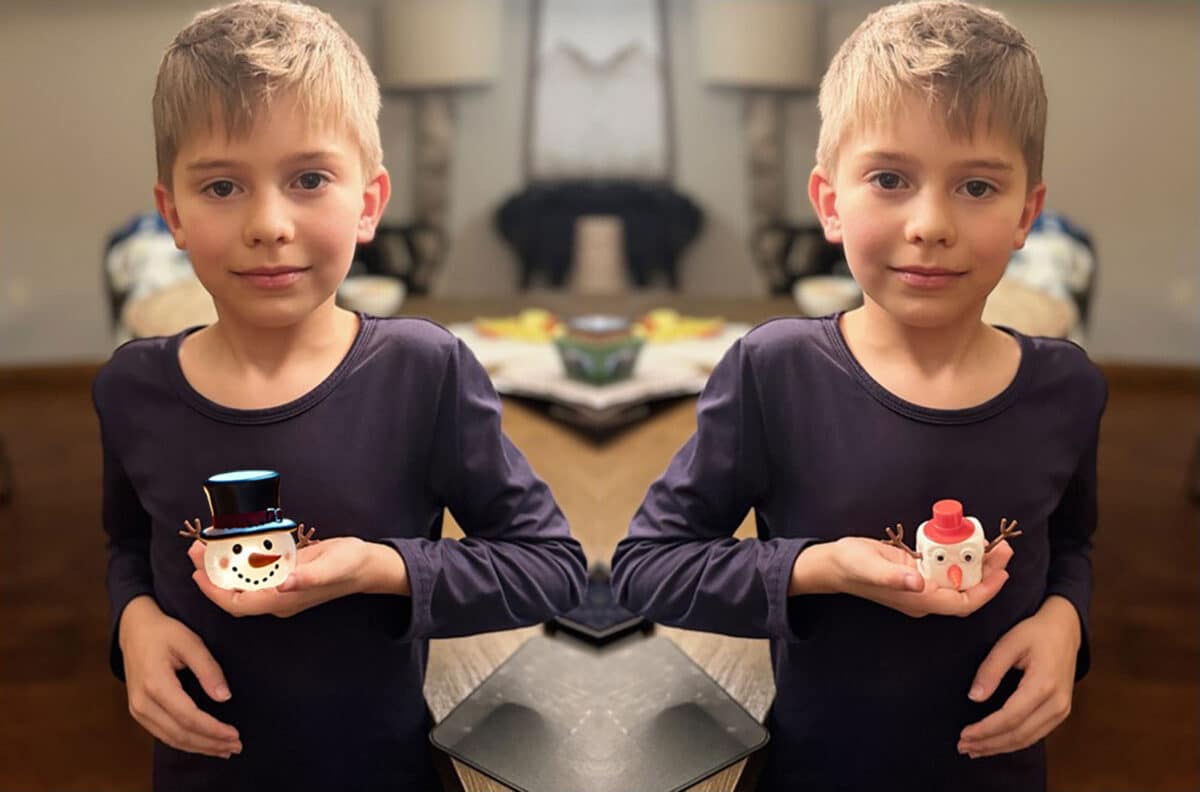 Alameda Post - A mirrored image of the same boy holding a cubical frosty the snowman and a spherical frosty the snowman.