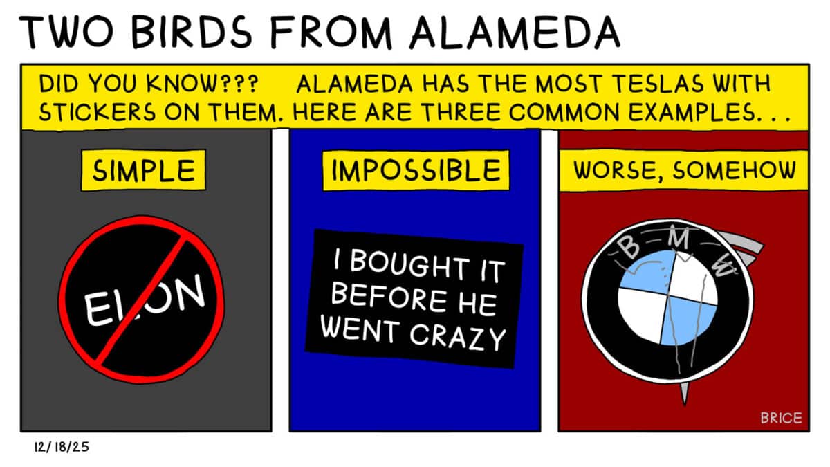 Alameda Post - Two Birds from Alameda for December 18, 2025. Across the top, a banner reads, "Did you know?? Alameda has the most Teslas with stickers on them. Here are three common examples." The first panel is labelled "Simple" and shows a sticker of a red circle and cross through of the name Elon. The send panel is labelled "Impossible" and shows a sticker that says "I bought it before he went crazy." The third panel is labeled "Worse, somehow" and shows a BMW sticker that has been placed over a Tesla logo. 