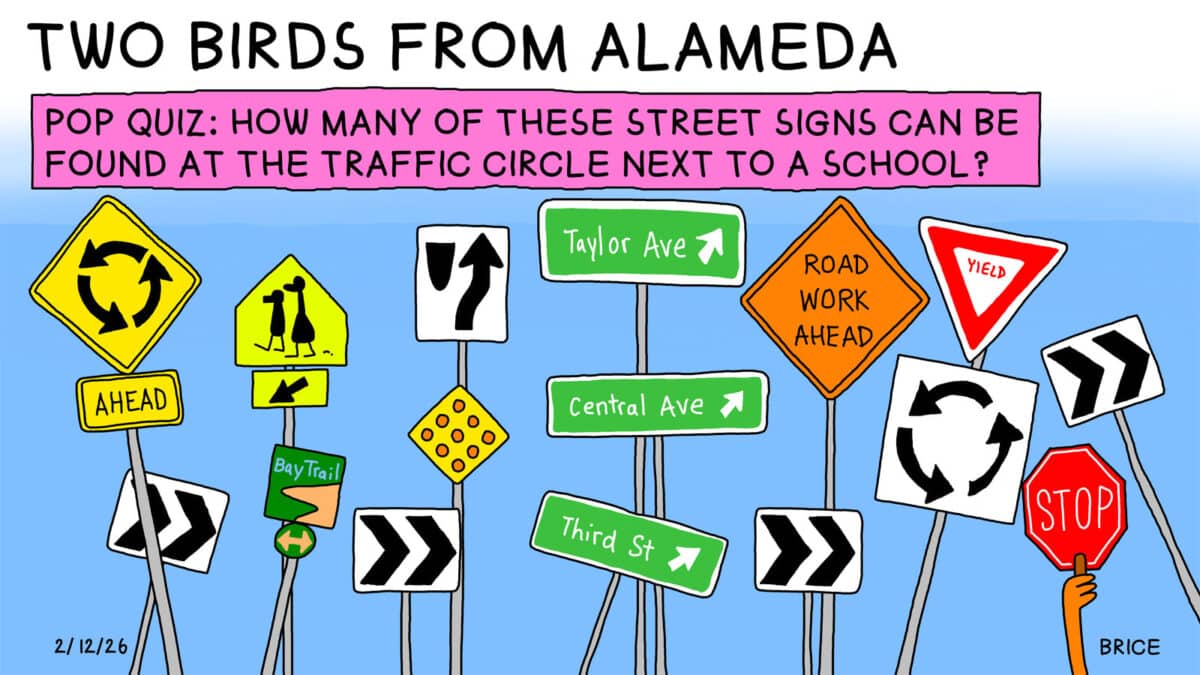 Alameda Post - Two Birds from Alameda for February 12, 2026. Words across the top read, " Pop Quiz: How many of these street signs can be found at the traffic circle next to a school?" The large single panel is filled with a huge jumble of various street signs. 
