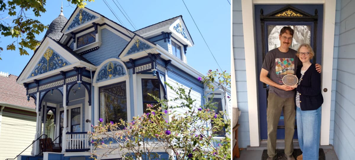 Alameda Post - a photo of 1528 Mozart, and a photo of a couple smiling at its front door holding a plaque