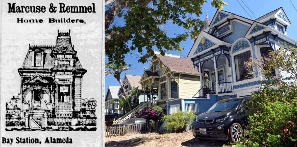 Alameda Post - a newspaper clipping with an ad for Marcuse and Remmel, and three beautiful old Alameda houses in a row