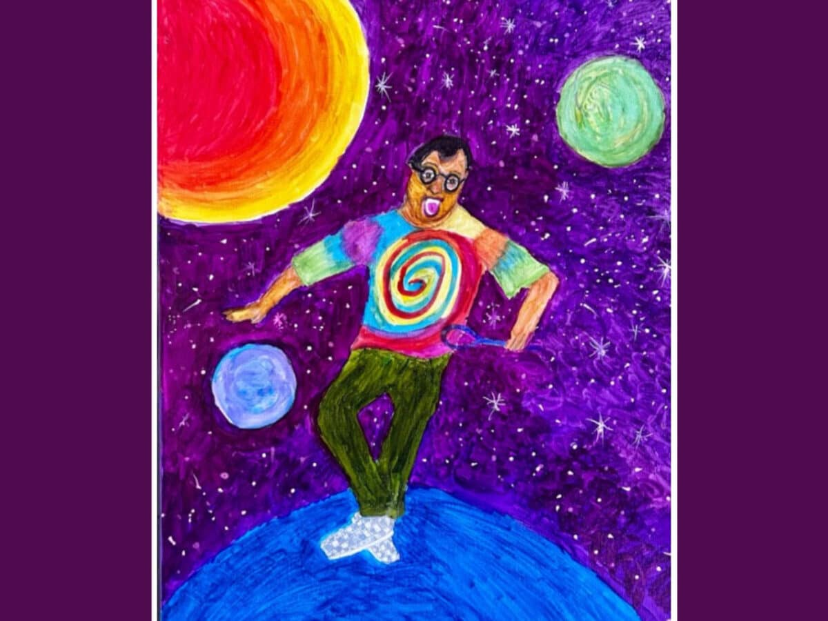 Alameda Post - artwork using brightly colored pigments to depict a man standing on a planet in space and holding a magnifying glass