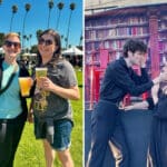 Alameda Post - a photo of two festival attendees holding beers, and two actors performing in Hamlet