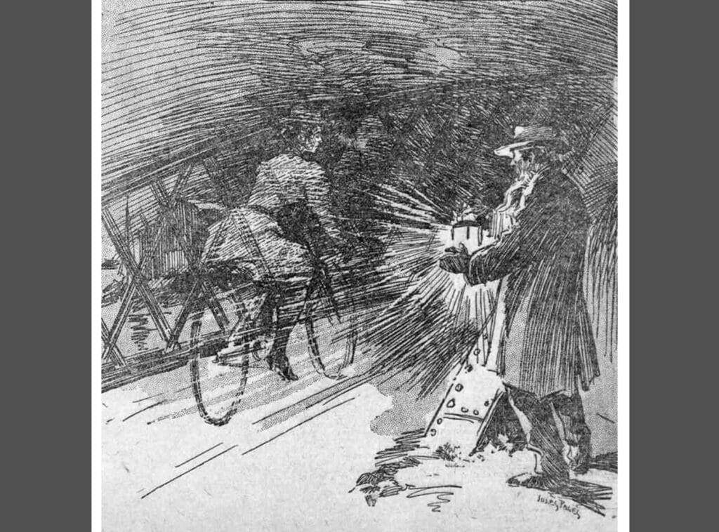 Alameda Post - a sketch of a woman riding a bike over a bridge while a man holds a lantern and looks on, which describes the "Ghost in Bloomers" story