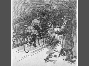 Alameda Post - a sketch of a woman riding a bike over a bridge while a man holds a lantern and looks on