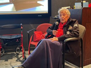 Jeanne Gibson spoke recently at the Rosie the Riveter National Historic Park. At 99 years old, she is a national treasure, and still speaks movingly of her time participating in the war effort in 1944-45. In April 2024, she and 26 other Rosies traveled to Washington, D.C., to receive the Congressional Gold Medal honoring the Rosies’ contributions to their nation. Photo by Steve Gorman.