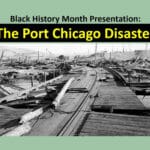 Alameda Post - an advertisement for a presentation on the USS Hornet about the Port Chicago Disaster, including a photo of ruins of wood, walkways, and debris