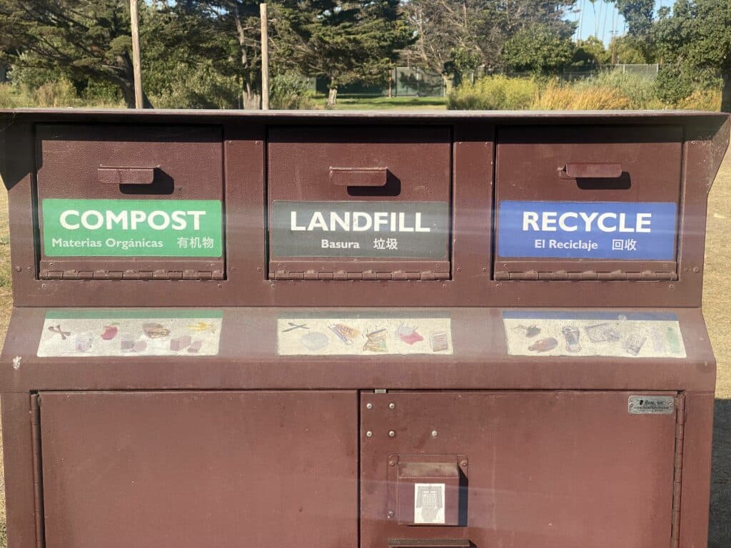 Alameda Post - a bin with three sections for compost, landfill, and recycling