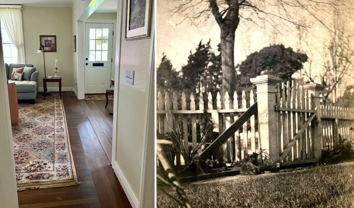 Alameda Post - a hallway in 1620 Fourth Street and a black and white or sepia photo of a white picket fence