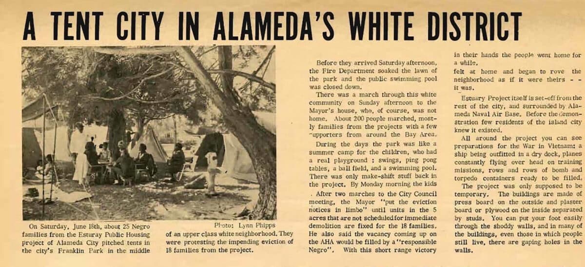 Alameda Post - a newspaper clipping that says "A Tent City in Alameda's WHite District"