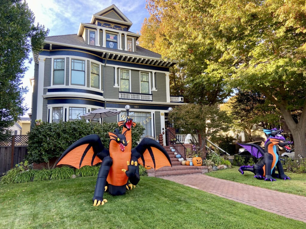 Alameda Post - 921 Grand Street with large inflatable Halloween decorations