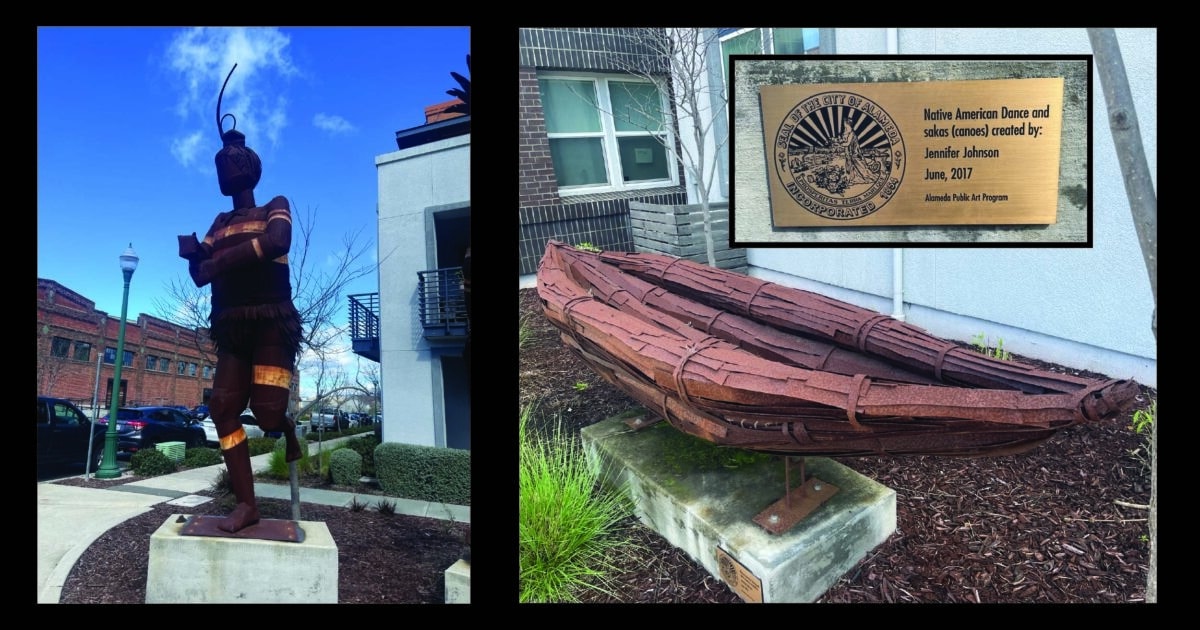 Alameda Post - A metal sculpture of a native American and a metal sculpture of a small canoe or boat.