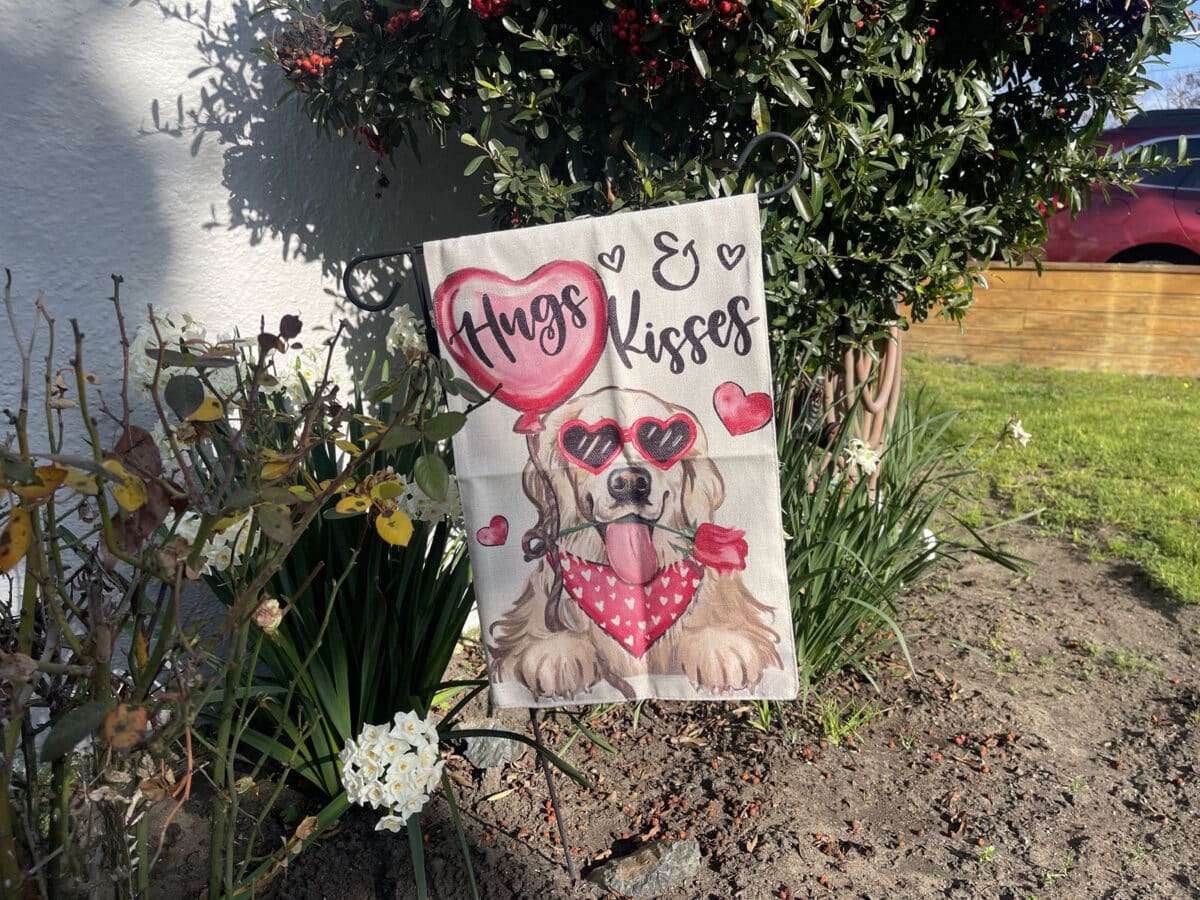 Alameda Post - A Valentine's Day flag hung outside a home. It depicts a cartoon dog wearing heart shaped sunglasses and holding a rose in its mouth, with the words "Hugs and Kisses."
