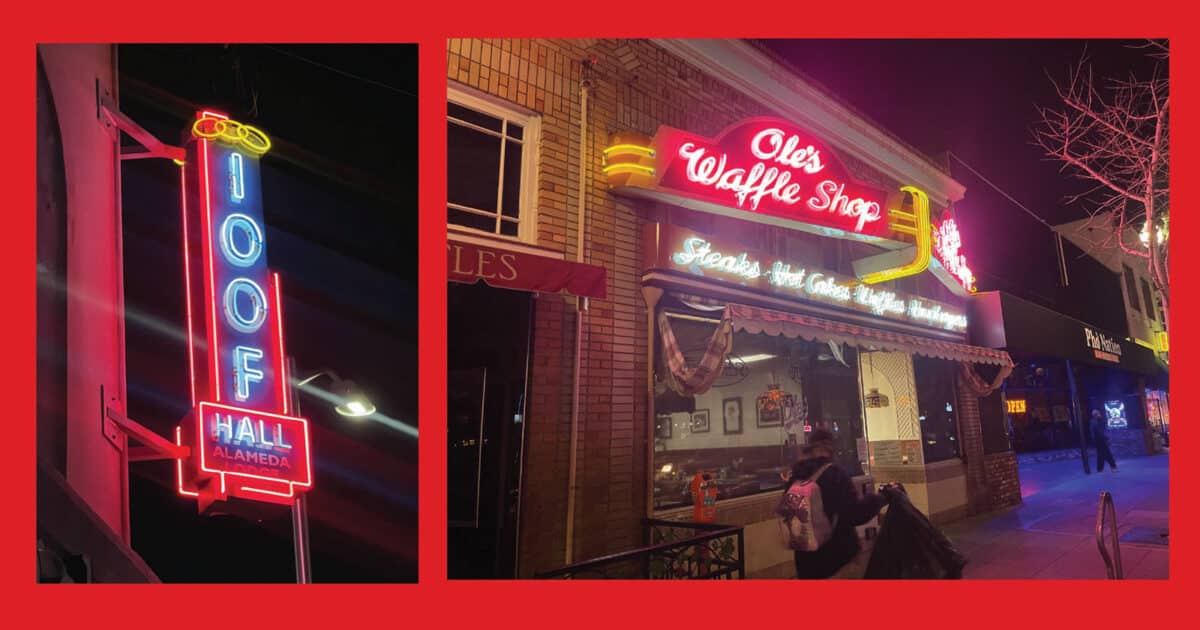 Alameda Post - A neon sign that sas IOOF Hall Alameda and a neon sign that says Ole's Waffle Shop. 
