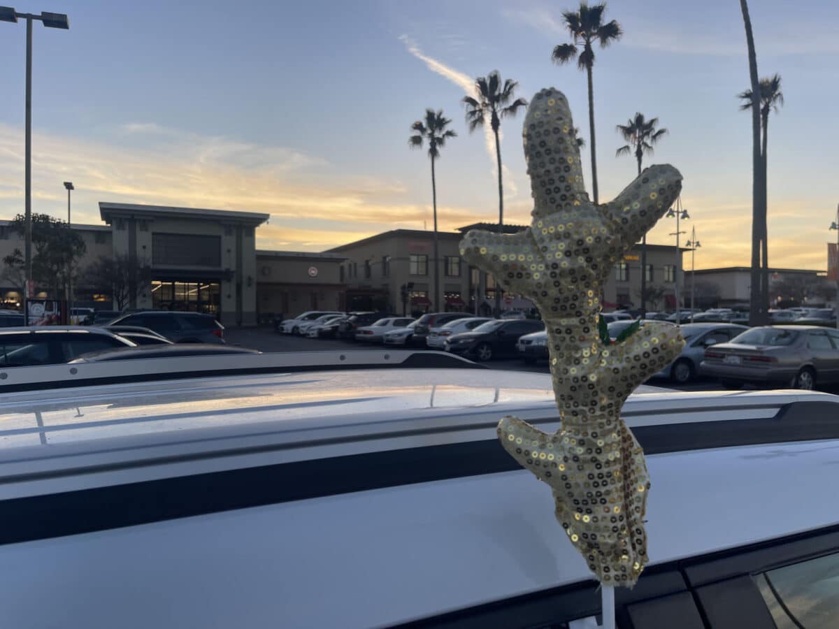 Alameda Post - sequin reindeer antlers on a car.