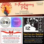 Alameda Post - a collage of Alameda events including The Thanksgiving Play at Altarena Playhouse, Techs on Decks at the USS Hornet, the Holiday Arts and Crafts Boutique, Alameda Holiday Fest, and a logo of Profs and Pints