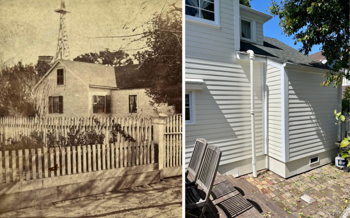 Alameda Post - an old black and white photo of the back of 1620 Fourth Street compared to a modern photo of the home