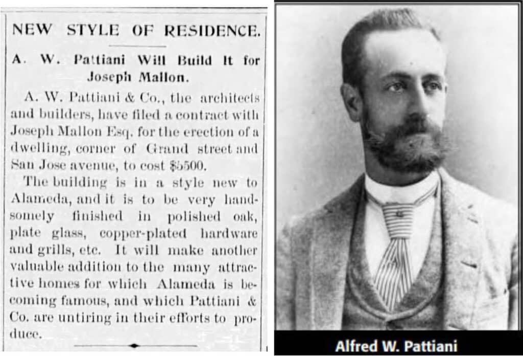 Alameda Post - a newspaper clipping with the headline "New Style of Residence" and a black and white portrait of Alfred W. Pattiani
