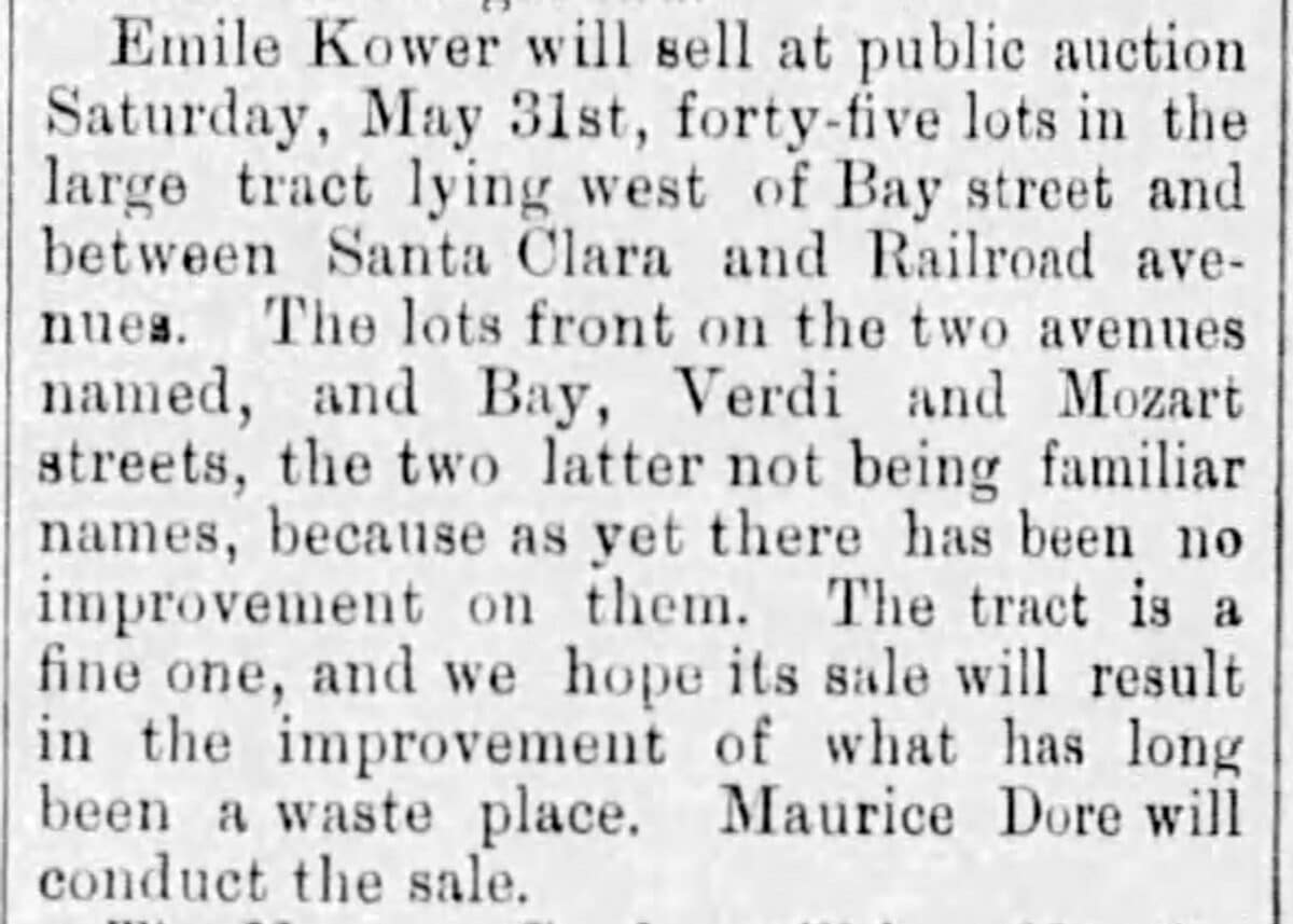 Alameda Post - a newspaper clipping that starts, "Emile Kower will sell at public auction Saturday, May 31st forty five lots in the large tract lying west of Bay street..."