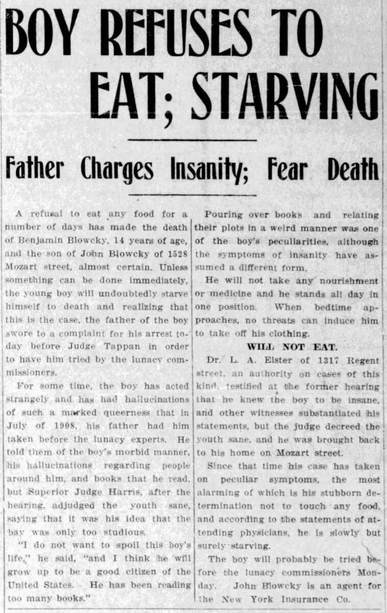 Alameda Post - An old newspaper clipping with the headline "Boy Refused to Eat, Starving."