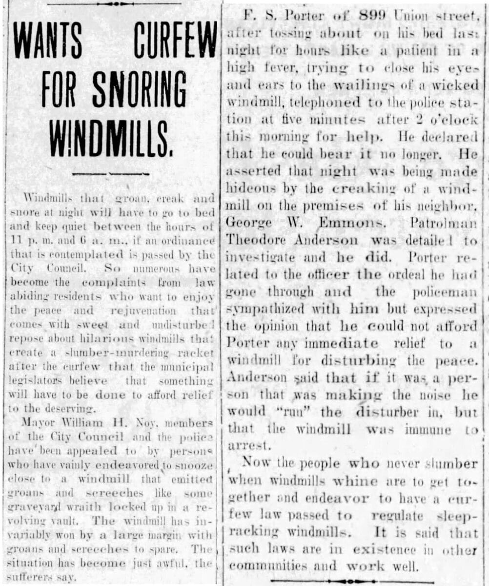 Alameda Post - an old newspaper clipping with the headline "Wants Curfew for Snoring Windmills"